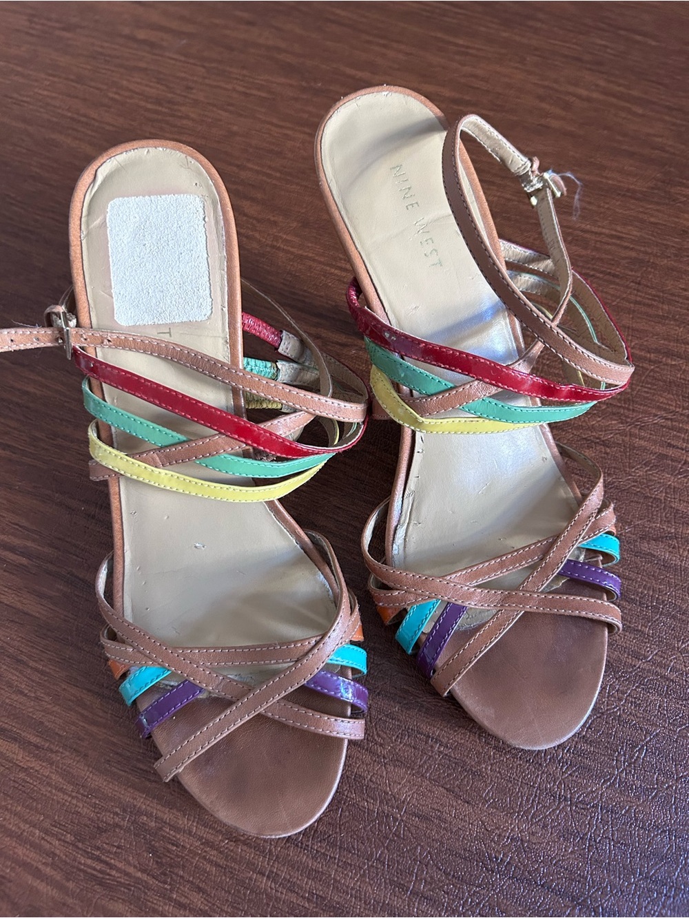 Nine West Brown Multistrap Sandals with Rainbow Accents
